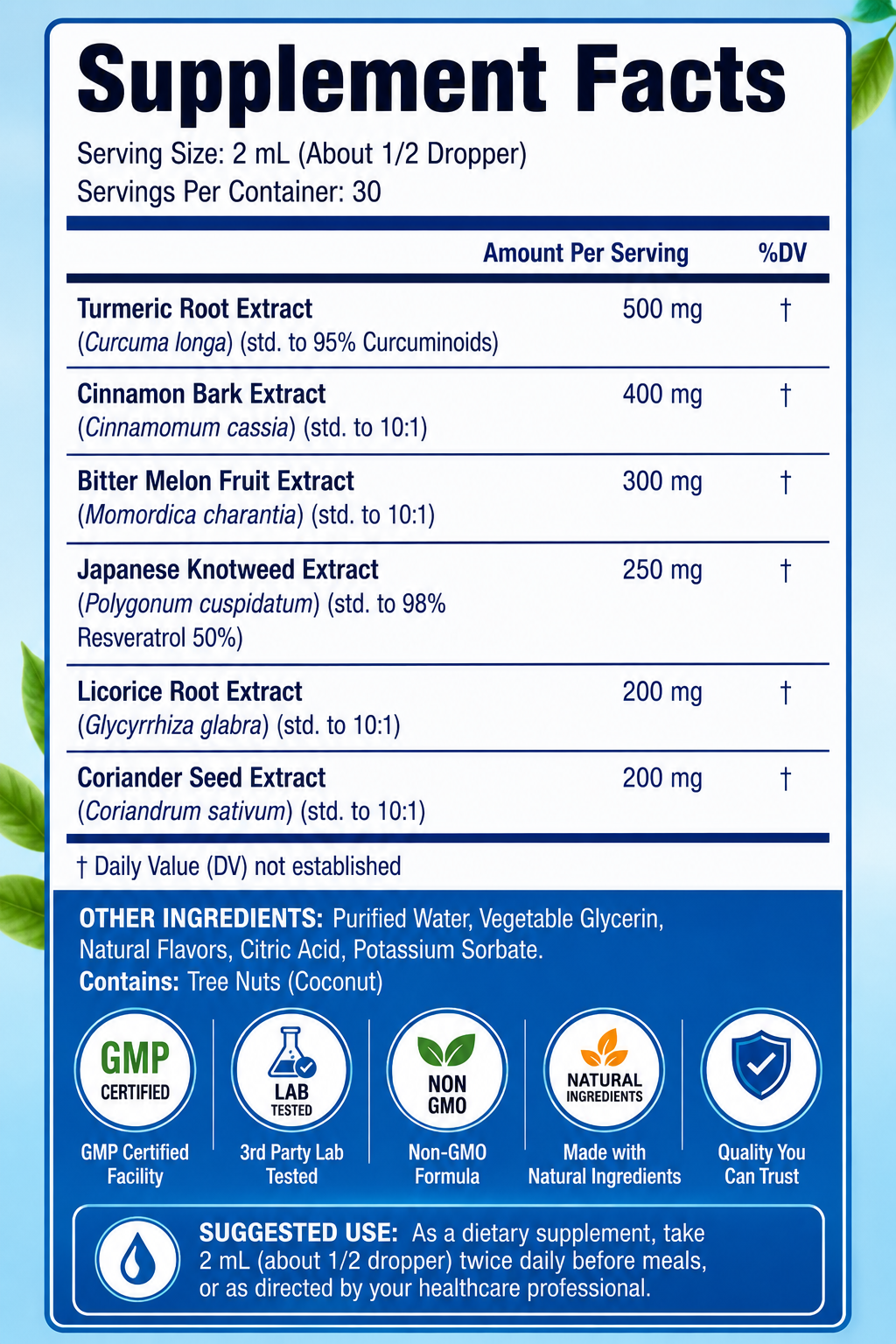 GL Control supplement facts label